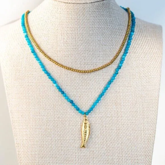 Fish Pendant + Blue Beaded Necklace Gold Fish Necklace WATERPROOF Jewelry PRETTY - Picture 3 of 11